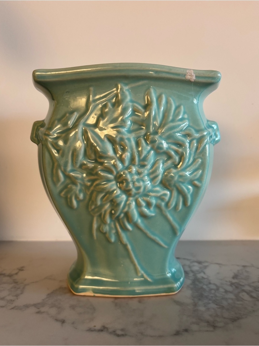 Vintage McCoy Pottery Turquoise Chrysanthemum Vase Art Deco Handles 1950s 7"